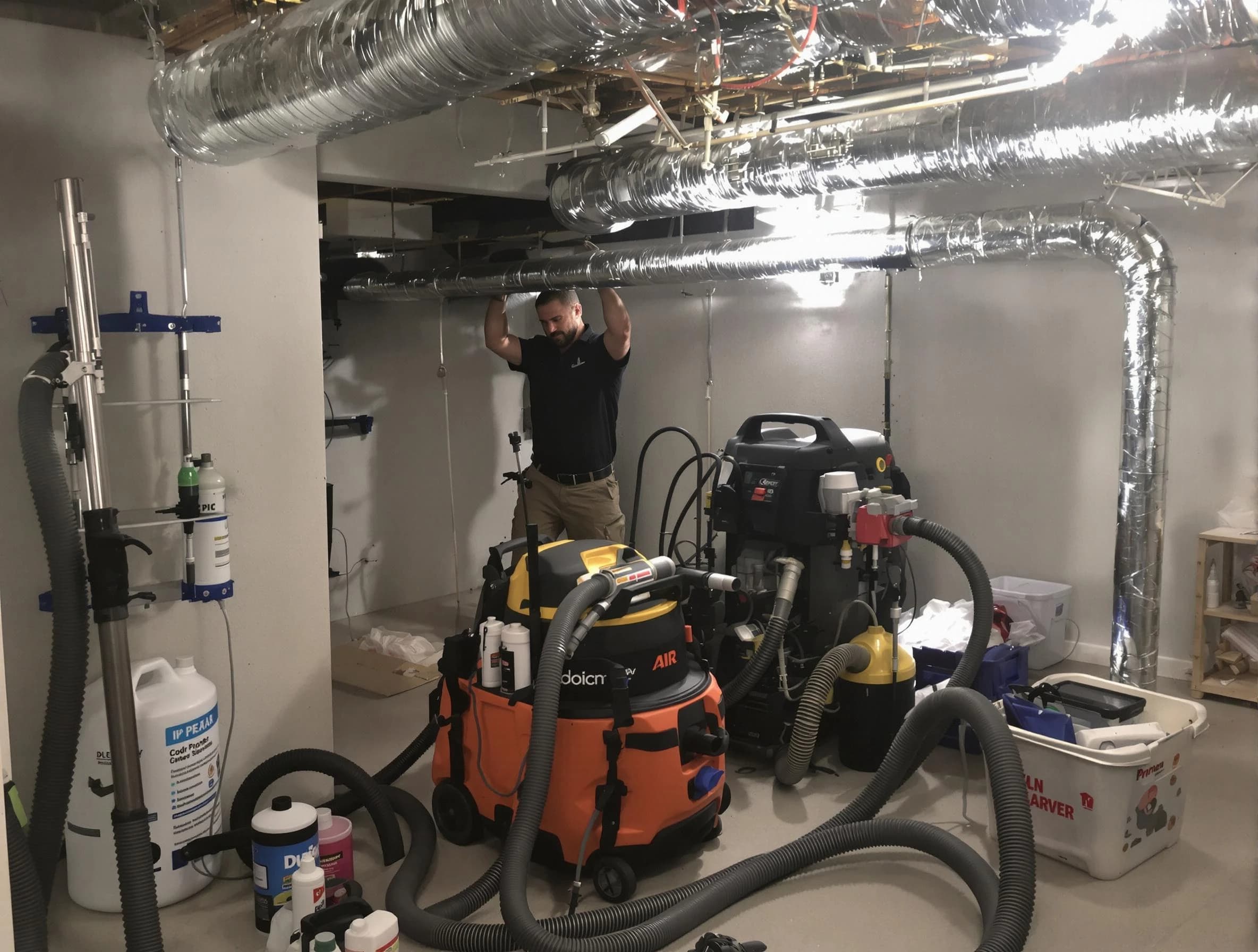 Holt Air Duct Cleaning specialist performing professional mold removal from air ducts using safety equipment in Holt