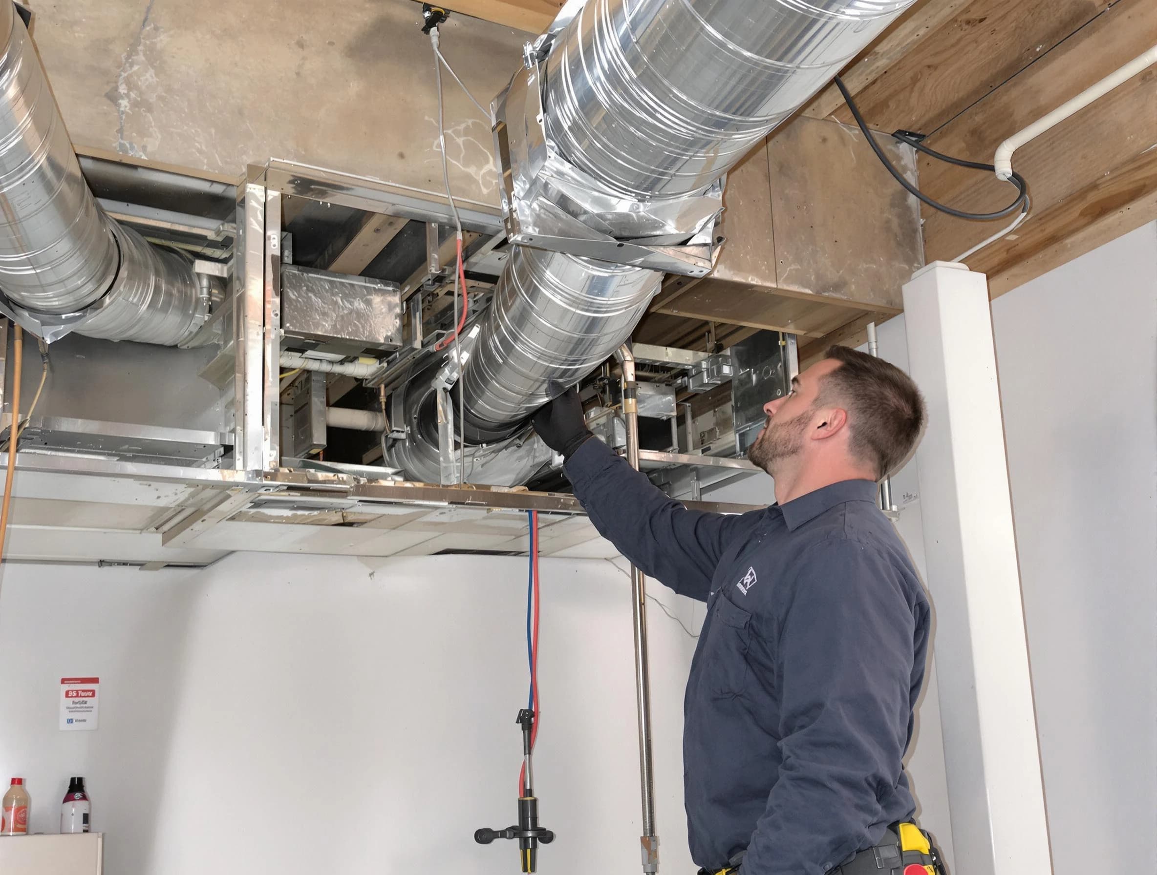 Holt Air Duct Cleaning technician performing professional air duct repair using specialized tools in Holt